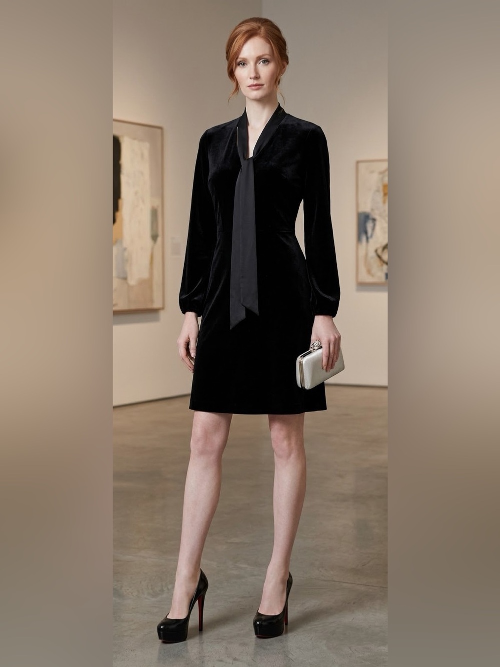 Lauren by Ralph Lauren Black Velvet Long Sleeve Fit & Flare Midi Dress size 12